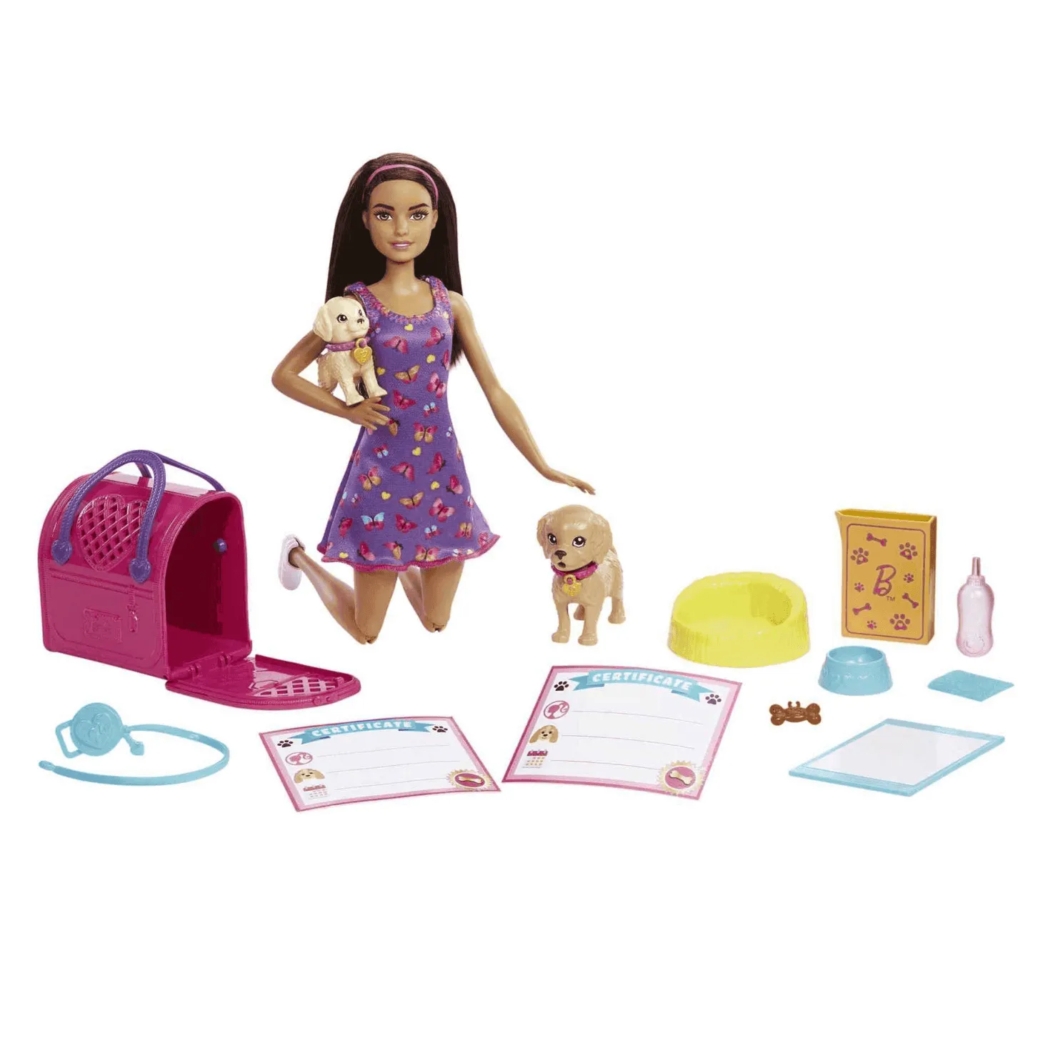 Barbie Adopta perritos Muñeca con vestido morado perritos mascota y accesorios para cuidarles juguet
