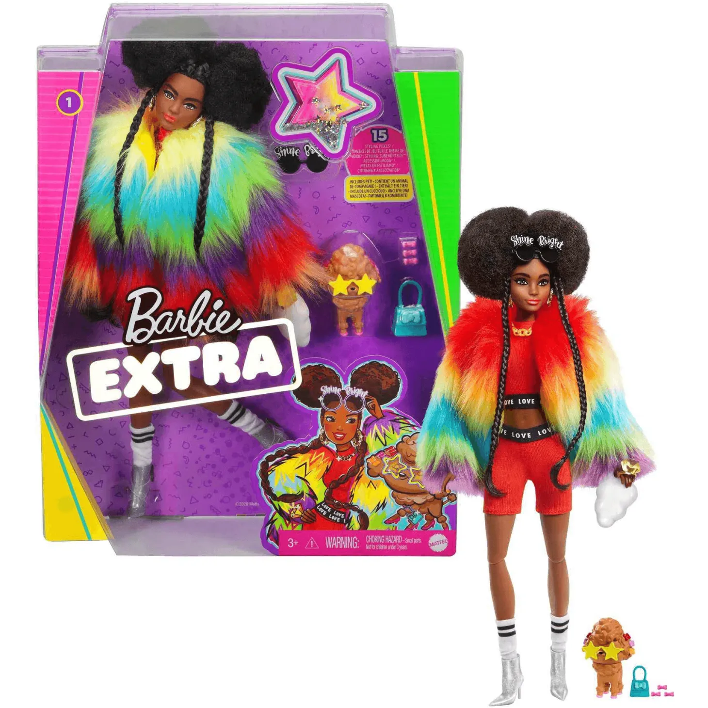 Barbie Extra Muñeca con Abrigo Arcoíris y Estilo Afro