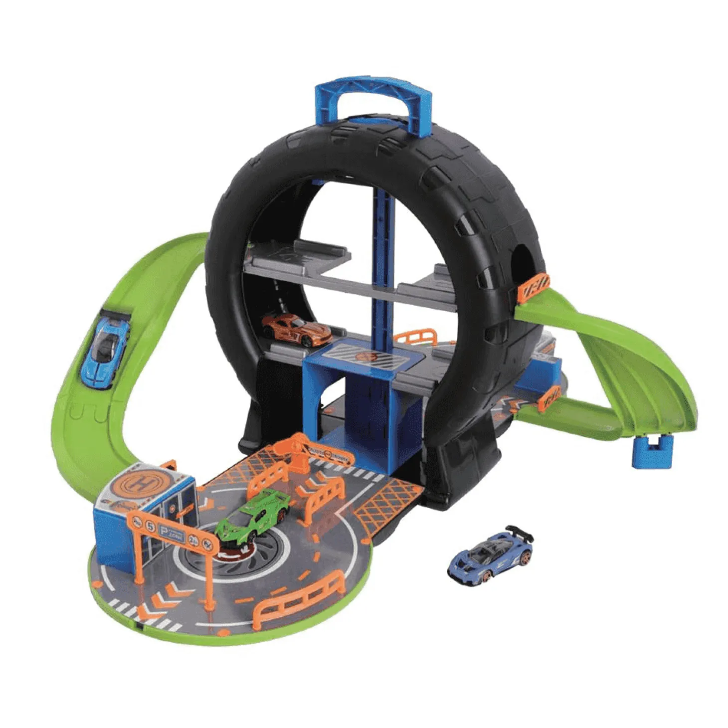 Garaje Rueda 2 niveles Motor Planet con 4 coches de metal (3+)